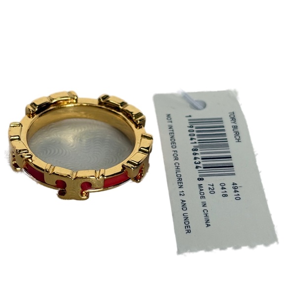 NWT Tory Burch Serif-T Enamel Stackable Ring - Coral & Gold Tone - Size 7 - Picture 3 of 4
